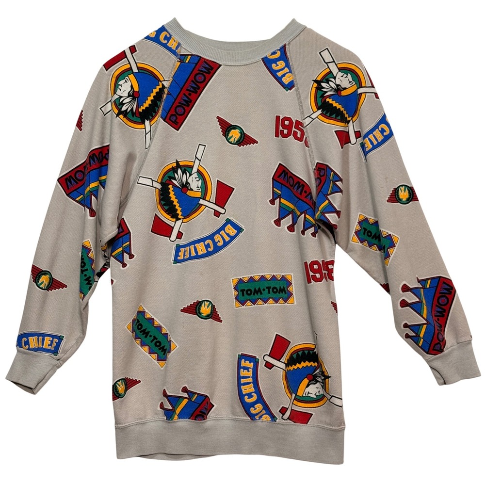 Vintage 80s Big‎ Chief Pow-Wow All Over Print Sweatshirt Kids Large 14-16 Grey